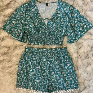 Floral Teal Blouse and Shorts Set